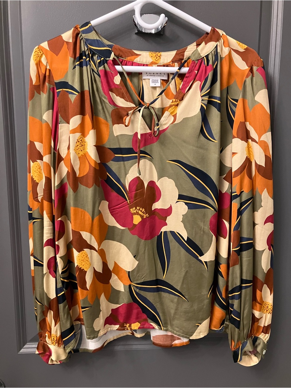 Velvet by Graham & Spencer Olive Multicolor Floral Tie-Neck Blouse